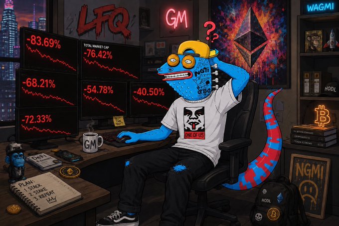 A cartoon illustration of a blue lizard character at a desk looking distressed, with multiple computer screens displaying cryptocurrency price drops (including percentages like -83.69% and -68.21%) and text including "LFG", "GM", "WAGMI", "HODL", "NGMI", and "ONE OF US".