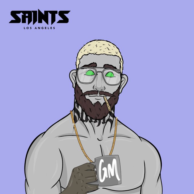 A digital illustration of a bearded man with blonde hair, green eyes, and glasses, wearing a gold chain and holding a gray block labeled 'GM', with 'SAINTS LOS ANGELES' text in the top left.