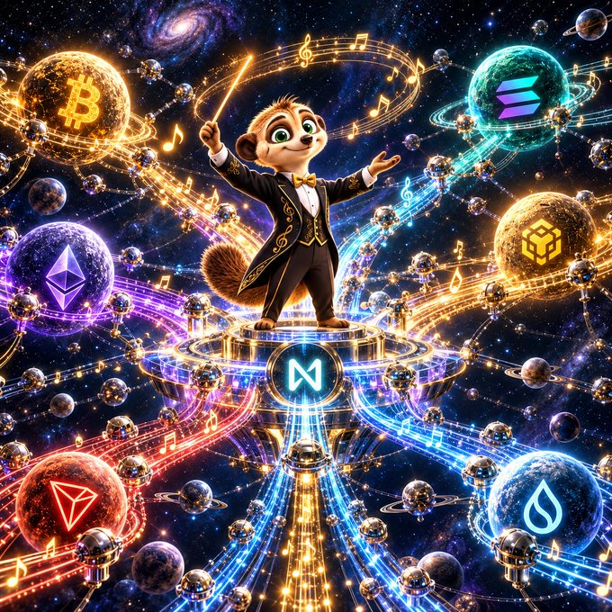 A cartoon meerkat conductor in formal attire stands on a platform in space, directing musical notes while surrounded by cryptocurrency logos including Bitcoin (₿), Ethereum, BNB, TRON, SUI, and Near.