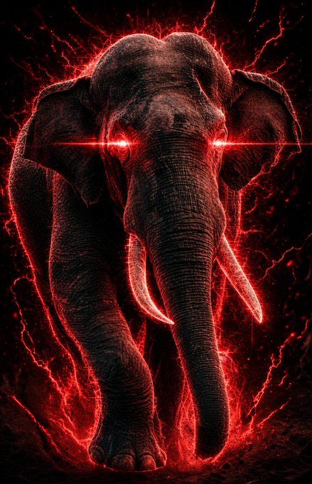 A fierce elephant with glowing red eyes and radiant red energy crackling around it embodies the deadly power of Nepal's notorious rogue elephant. The image's menacing aura visually amplifies the post's warning about the GPS-collared, military-hunted killer that has claimed 25 lives.