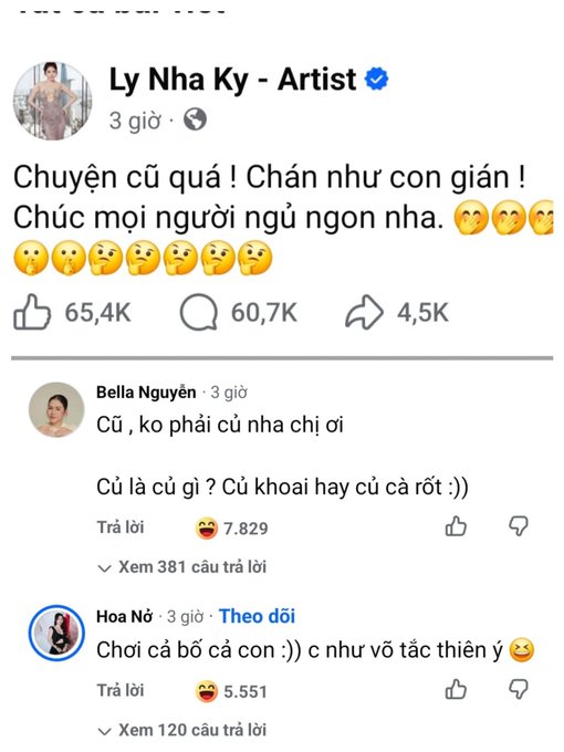A screenshot of a Vietnamese Facebook post by 'Lý Nha Kỹ - Artist' saying 'Chuyện cũ quá! Chán như con gián! Chúc mọi người ngủ ngon nha,' along with comments from users 'Bella Nguyễn' and 'Hoa Nở'.