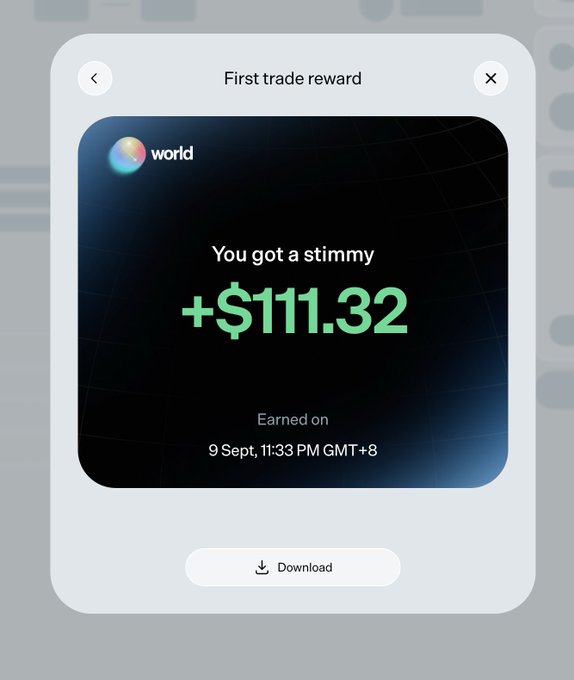 A screenshot of a "First trade reward" notification from World showing a "+$111.32" stimmy earned on 9 Sept at 11:33 PM GMT+8, which illustrates the post's claim that World.xyz rewards users for their first trade.