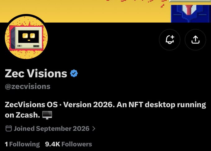 Twitter/X account profile for Zec Visions (@zecvisions), a verified account with 9.4K followers describing itself as "ZecVisions OS · Version 2026. An NFT desktop running on Zcash," joined September 2026, featuring a pixelated retro computer avatar. The profile aligns with the post highlighting @zecvisions' NFT desktop collection on Zcash, accessible to holders of @l0f0_00 and @africanadao.