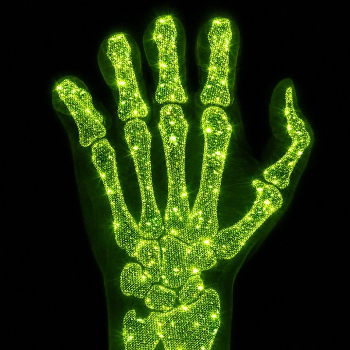 A glowing green X-ray of a skeletal hand with sparkly light effects, symbolizing the "diamond hands" strength and conviction referenced in the post about holding $AURA through market volatility. The luminous, unbreakable imagery reinforces the message of resilience and steady commitment to the Aura community.