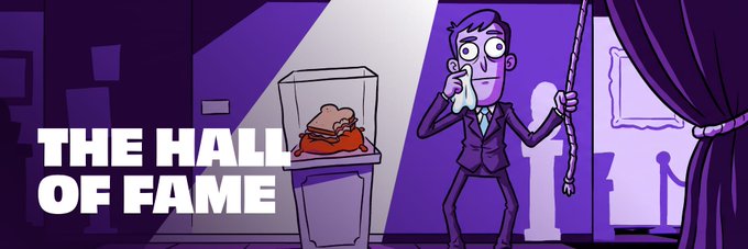 A cartoon banner reading 'THE HALL OF FAME' shows a purple-suited character holding a rope next to a display case with a small figure inside.