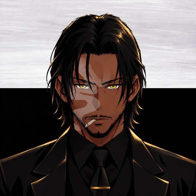 An anime-style illustration of a man with dark hair, a goatee, and yellow eyes, wearing a black suit and smoking a cigarette.