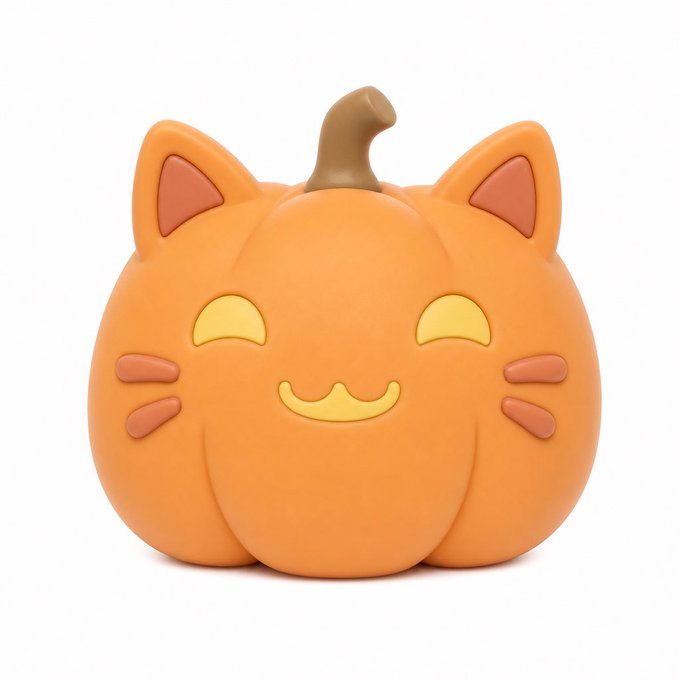 A 3D rendering of an orange pumpkin-cat character with a smiling face, cat ears, whiskers, and a brown stem on top.