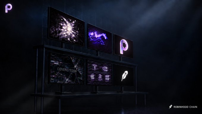 A dark, atmospheric scene shows six monitors displaying abstract visuals, a "COMING SOON" screen with a cracked display, and the Robinhood Chain logo, with accompanying text reading "ROBINHOOD CHAIN" in the corner. The "COMING SOON" message on the broken screen directly reinforces the post's teaser that tokenized assets will soon earn more on Robinhood Crypto Chain.