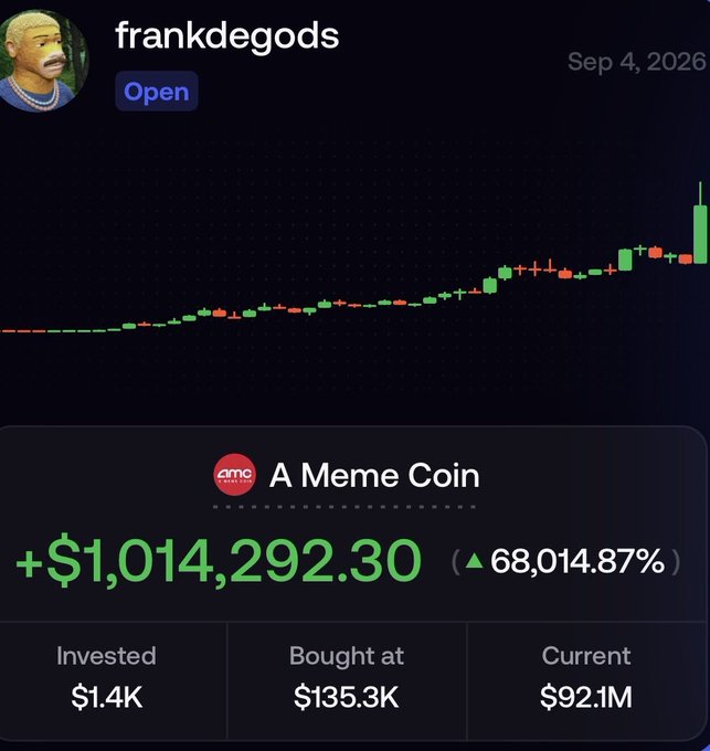 The image shows a crypto portfolio screenshot for "frankdegods" featuring an "A Meme Coin" (AMC) position that has surged +$1,014,292.30 (68,014.87%) from a $1.4K investment bought at $135.3K to a current value of $92.1M, with a candlestick chart displaying the dramatic upward trend. The post caption celebrates the trade as a "Magic trade" turning $1.4K into $1M in hours, attributing the gains to "Robinhood chain," which aligns with the meme coin ticker "AMC" referencing the famous short squeeze narrative.