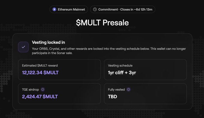 A screenshot of a '$MULT Presale' interface showing vesting information with an estimated reward of '12,122.34 $MULT' and a TGE airdrop of '2,424.47 $MULT'.