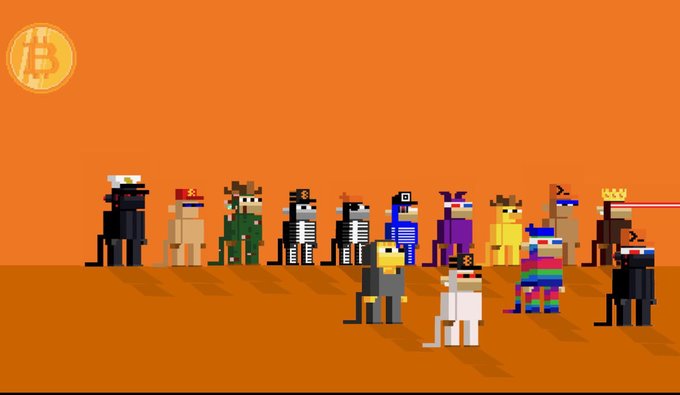 A pixel-art style image displaying a lineup of various CryptoPunk and Bored Ape-style NFT characters standing against an orange background with a Bitcoin logo in the top left corner.