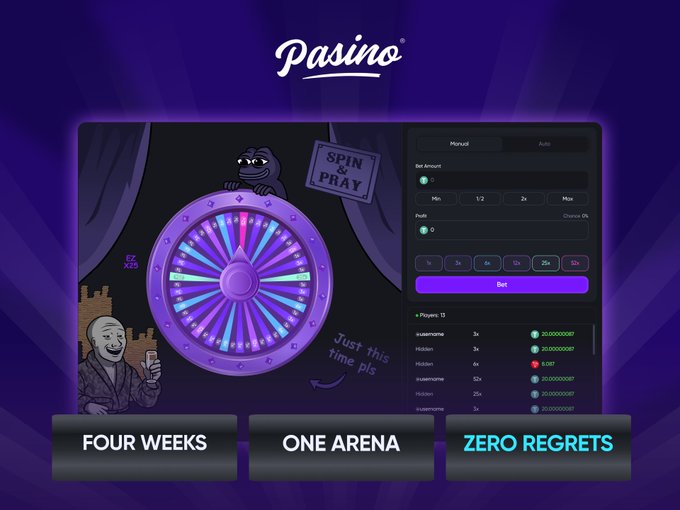 Promotional screenshot for 'Pasino' featuring a purple and pink 'Spin & Pray' wheel game with crypto betting interface, displaying a list of players and the slogans 'FOUR WEEKS', 'ONE ARENA', 'ZERO REGRETS'.