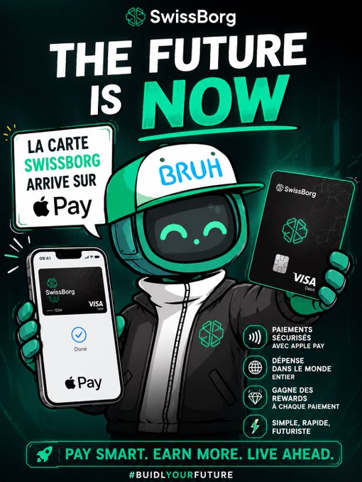 A promotional poster for SwissBorg titled 'THE FUTURE IS NOW', showing an astronaut-like character holding a smartphone displaying Apple Pay and a SwissBorg Visa card.