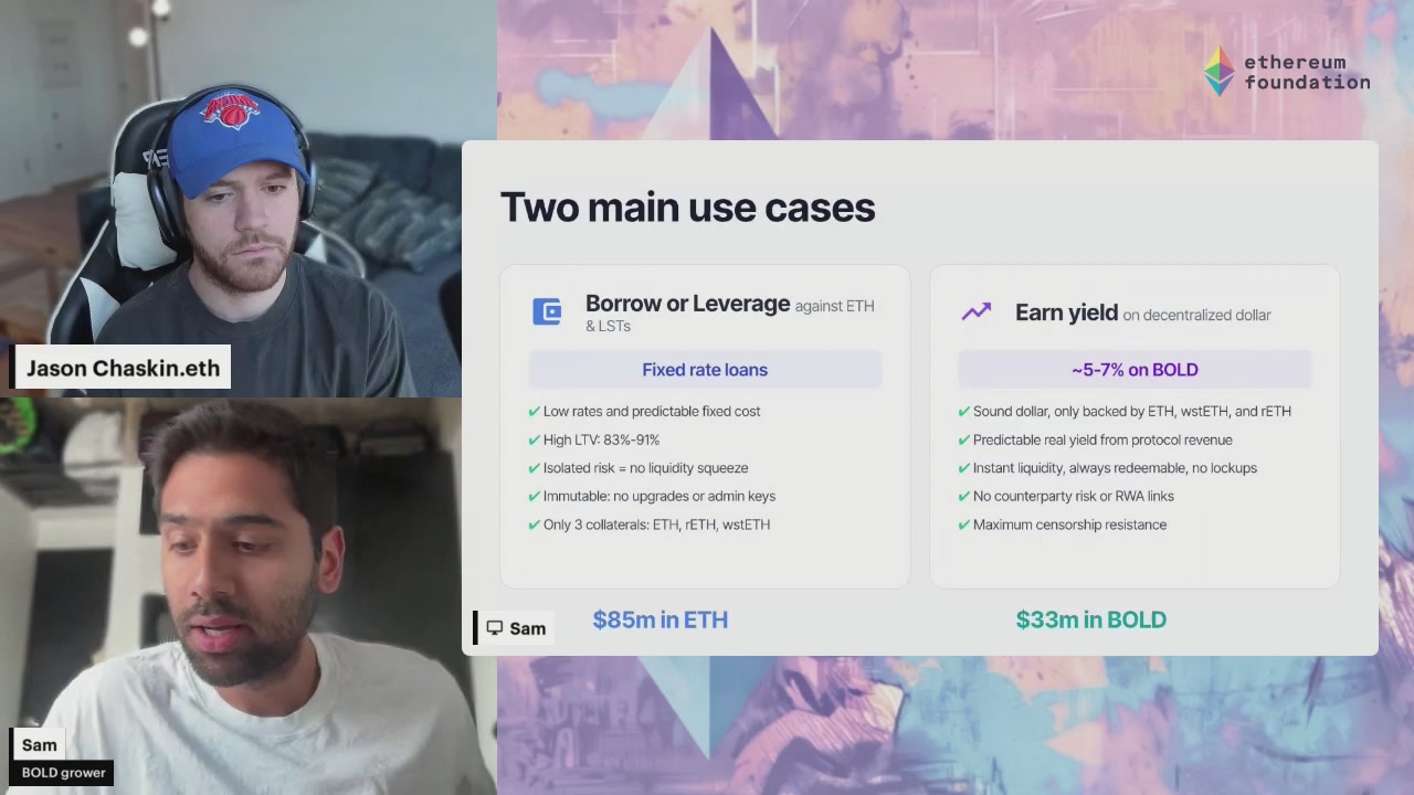 The image shows two men sitting behind a computer screen with a presentation about Bitcoin and its use cases displayed on the screen. The first man has his face partially visible, while the second man's face is not shown at all. The background of the image features a colorful design that includes text related to the Bitcoin project.