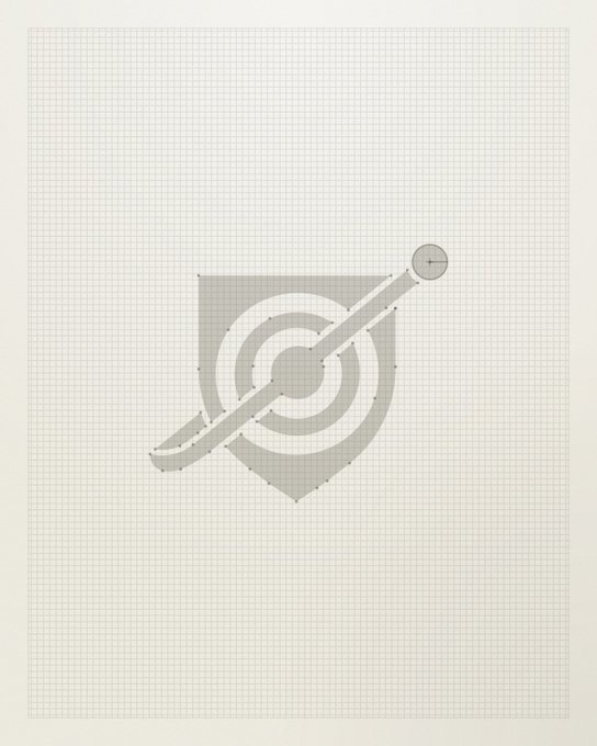 A minimalist graphic design on grid paper depicts a shield with a target/bullseye pattern being struck diagonally by an arrow.