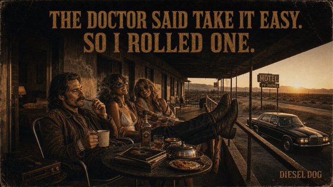 A vintage-style advertisement with the text 'THE DOCTOR SAID TAKE IT EASY. SO I ROLLED ONE.' depicting three people relaxing on a motel balcony with a classic car, branded 'DIESEL DOG'.
