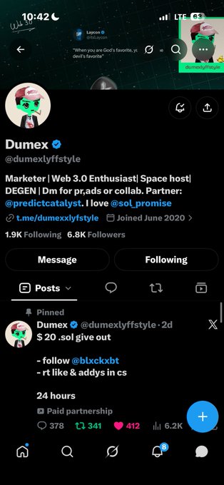 A social media profile screenshot for "Dumex" (@dumexlyffstyle), showing 1.9K Following, 6.8K Followers, and a pinned post with the text "$20 .sol give out".