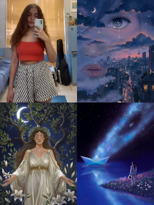 A four-panel collage containing a mirror selfie of a woman in a red top and patterned shorts, a surreal painting of a face merging with a cityscape, a fantasy artwork of a woman under trees with a crescent moon, and a dreamy night scene with a figure, a paper boat, and a glowing starry sky.