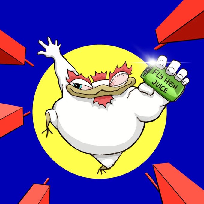 A cartoon illustration of a white duck-like creature holding a green 'Fly High Juice' can, set against a yellow circle and blue background with red paper airplane shapes.