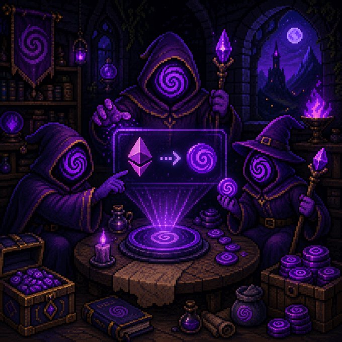 Three hooded purple-cloaked figures with spiral symbols gather around a glowing table, with one pointing to a screen displaying ETH being converted to a swirl token.