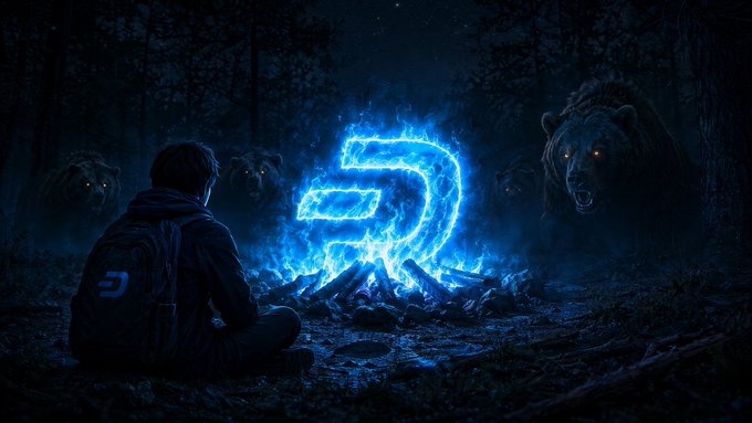 A hooded figure sits before a glowing blue "D" symbol hovering above a campfire in a dark forest, surrounded by menacing bears with glowing eyes. The fiery "D" (likely representing Dash, a cryptocurrency) serves as a protective beacon against the bears, symbolizing how digital cash shields users from the threatening "bear markets" in crypto.