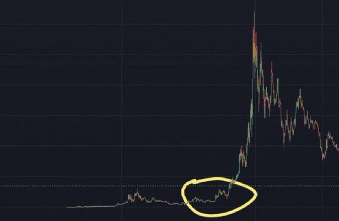 A stock price chart with a yellow hand-drawn circle highlighting a period of flat trading before a massive price spike, followed by a decline.
