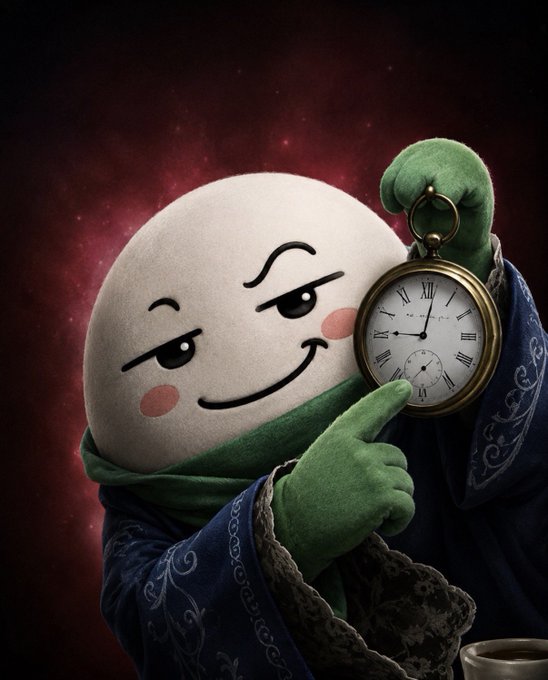 A humorous illustration of a green anthropomorphic moon character with a smug expression, holding a vintage pocket watch against a dark reddish cosmic background.