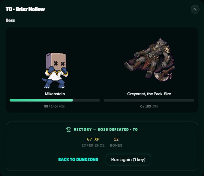 This image shows a screenshot of a computer screen, most likely from a web browser, displaying information about two characters within a video game called "The Wolfage Dungeons". One character has completed a task or defeated an opponent, while the other character is still on the same path. A text box in the bottom right corner provides additional context related to the post: it says "@wolfswapwolfies @wolfswapwolfies wolfswap.app/wolfage?active". The screenshot also includes details about the game's score and the player's experience, as well as a rating of 6.9 xp.