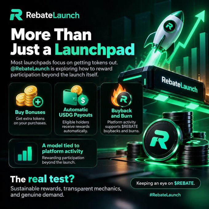 A RebateLaunch promotional graphic says “More Than Just a Launchpad” and highlights “Buy Bonuses,” “Automatic USDG Payouts,” “Buyback and Burn,” and “A model tied to platform activity.”