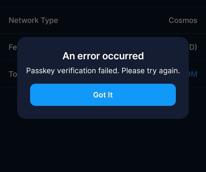 The image shows a screenshot of an error message displayed on a computer screen, with a blue box containing the error information. The text within the box indicates that the verification failed, and the user should try again. The image also includes a caption below the error message, which reads "An error occurred. Passkey verification failed. Please try again."