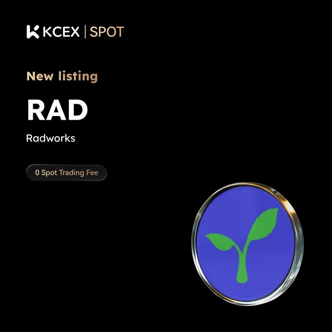 A promotional graphic from KCEX announcing a new spot listing for the cryptocurrency RAD (Radworks), featuring a blue sprout logo and noting '0 Spot Trading Fee.'