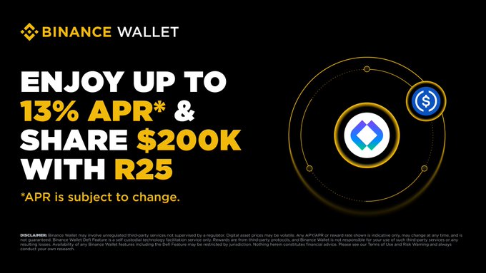 A Binance Wallet promotional banner advertising up to 13% APR and a share of $200,000 in PR token rewards for Season 2, featuring Pharos Network and R25 logos, launching October 13–26, 2026. The bold text reads "ENJOY UP TO 13% APR & SHARE $200K WITH R25" with a disclaimer that APR is subject to change.