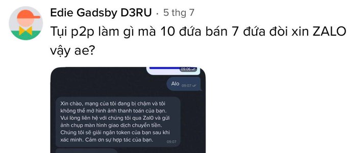 A user comments "Tui p2p làm gì mà 10 đứa bán 7 đứa đòi xin ZALO vậy ae?" above a screenshot of a Zalo support chat warning users to verify identities and beware of impersonation scams, directly illustrating the post's point that scammers insist on moving chats off Binance to Zalo to bypass the platform's protections.