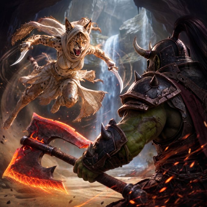 ursa, a leopard-like creature with horns and sharp teeth, attacks a green-skinned warrior wielding a sword and shield on a rocky cliff face.