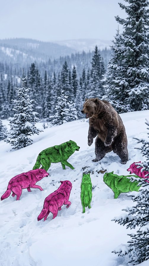 A surreal snowy landscape features a large brown bear surrounded by wolves, with some wolves colored bright pink and green against the white snow.