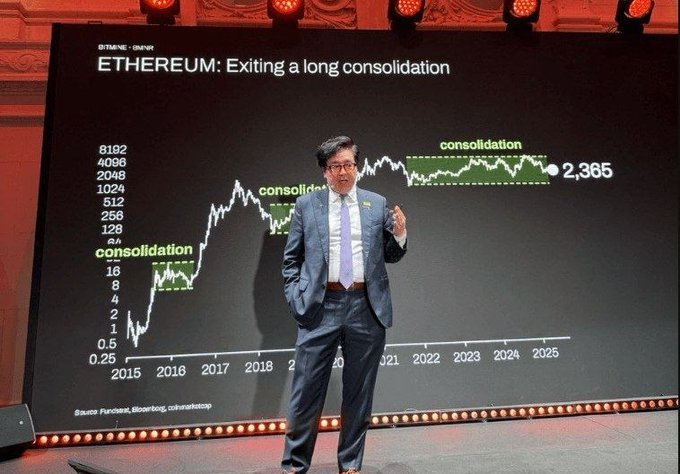 The image features a man standing next to an elaborate display with multiple graphs, giving off an impression of a business or financial presentation related to Bitcoin. The main focus of the scene seems to be centered around Tom Lee's forecast that Ethereum will reach $250,000. He is wearing a suit and tie, indicating the importance of the event. His confident stance suggests he has substantial knowledge on the subject matter being presented in front of him. The man appears to be actively engaging with his audience or showing them some data, possibly using slides or other visual aids to support his claim about the future value of Ethereum.