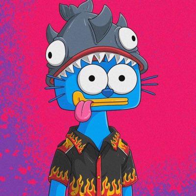 A cartoon illustration of a blue cat-like character wearing a grey spiked helmet, with its tongue hanging out, set against a red and purple background.