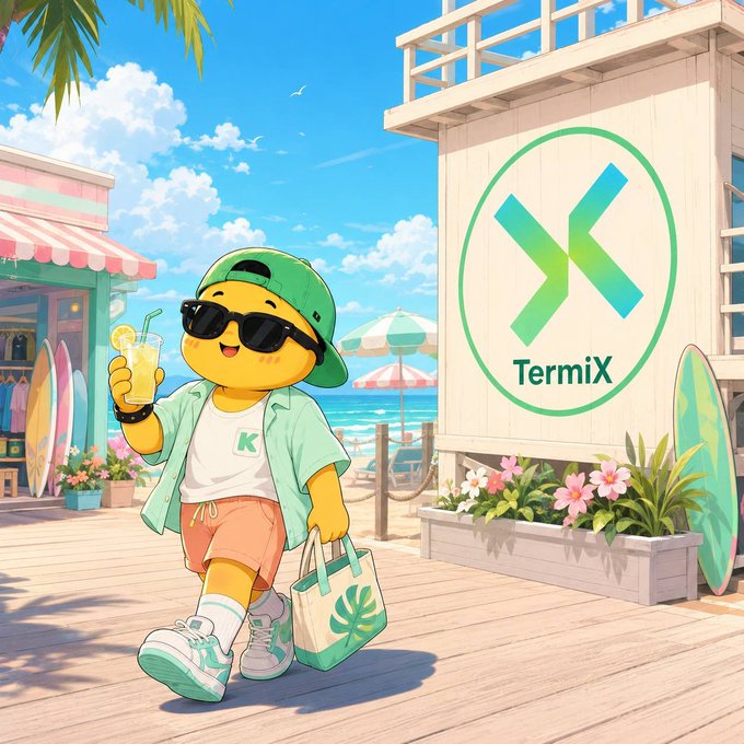 An anime-style illustration of a cheerful yellow character wearing sunglasses, a green cap, and a 'K' shirt, holding a lemonade and a tote bag in a beachside setting next to a 'TermiX' store sign.