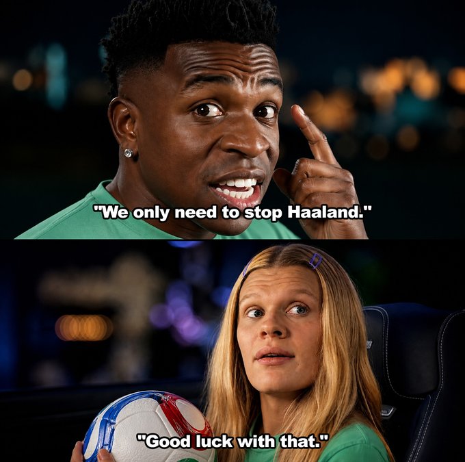 The image is a two-panel meme showing a Black man in a green shirt saying "We only need to stop Haaland." above a young blonde girl holding a soccer ball and replying "Good luck with that." The post compares the near-impossible task of stopping soccer star Erling Haaland to shorting Bitcoin during a bull run, with both being foolish bets against unstoppable momentum.
