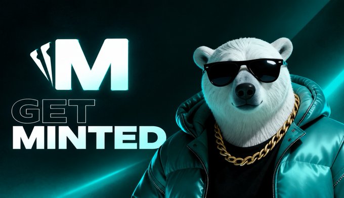 A promotional graphic featuring a polar bear wearing sunglasses, a gold chain, and a teal puffer jacket, with the text 'M GET MINTED' displayed prominently.