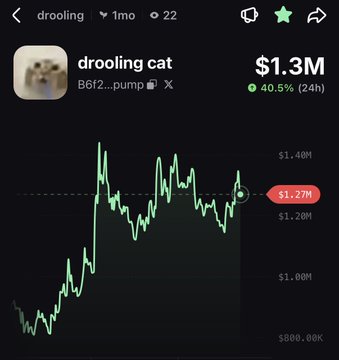 The image shows a cryptocurrency chart for "$drooling" with a "drooling cat" emoji, indicating a significant price increase of 40.5% in 24 hours, correlating with the accompanying post. The current market cap is $1.3M.