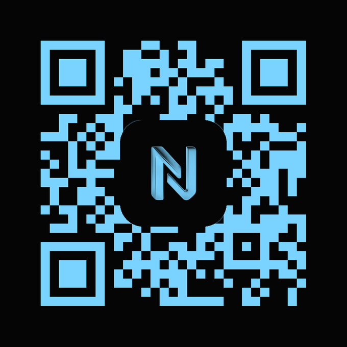 A blue and black QR code with a stylized 'N' logo in the center.
