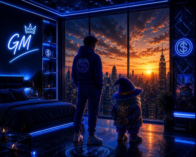 The image features a man wearing a blue hoodie standing next to two small figures dressed as wizards, possibly from the movie "Harry Potter." The room has a large window that offers a view of the city skyline at sunset. The post includes a quote about chasing dreams and crushing them, which is related to the scene in the image where the wizard characters are watching the sunset together.

The man wearing the hoodie appears to be looking out the window while standing next to the two small figures dressed as wizards. This suggests that they might be discussing their plans for the day or simply enjoying the view of the city skyline at sunset. The presence of a bed in the room indicates that this could be a hotel suite, and the quote about chasing dreams and crushing them adds an element of motivation and inspiration to the scene.