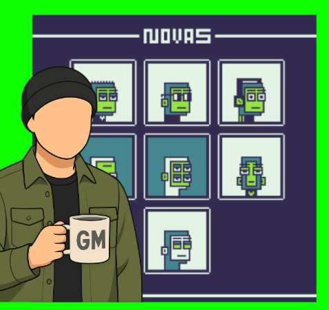 A cartoon illustration of a faceless man in a green jacket holding a 'GM' mug, standing in front of a grid display labeled 'NOVAS' featuring various pixel-art character heads on a bright green background.