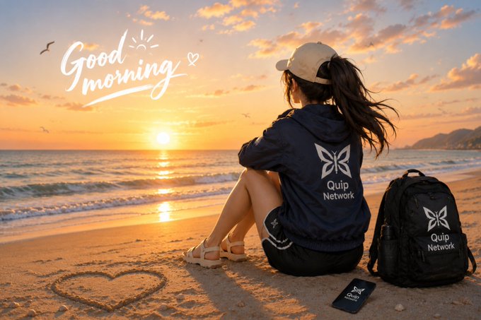 A 'Good morning' scene of a woman sitting on a beach at sunset wearing a 'Quip Network' hoodie, with a matching Quip Network backpack beside her and a heart drawn in the sand.