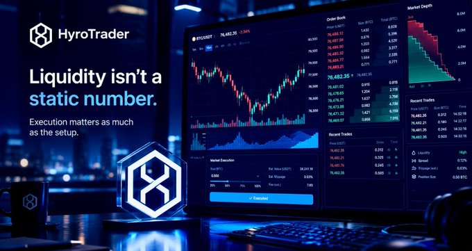 HyroTrader advertisement with the tagline 'Liquidity isn't a static number. Execution matters as much as the setup' displayed next to a trading interface showing BTC/USDT market depth.