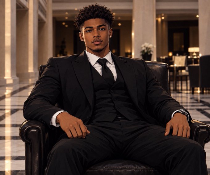 A young man with curly hair wearing a black three-piece suit sits confidently in a leather chair in an elegant lobby.