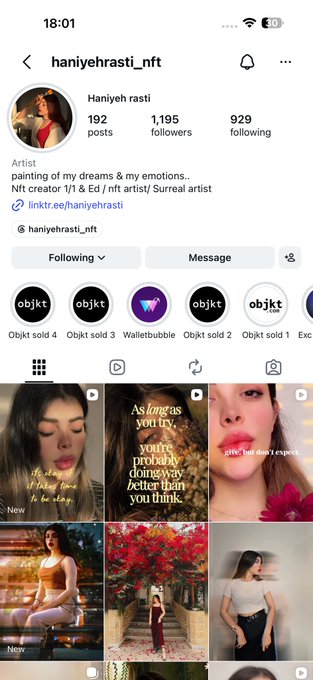 An Instagram profile page for 'haniyehrasti_nft' featuring 192 posts, 1,195 followers, and 929 following, with a bio describing the user as an artist and NFT creator for Objkt.