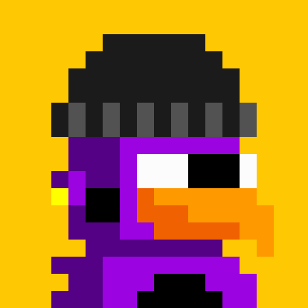 A pixel art character featuring a purple body, orange beak, and dark headpiece set against a solid yellow background.