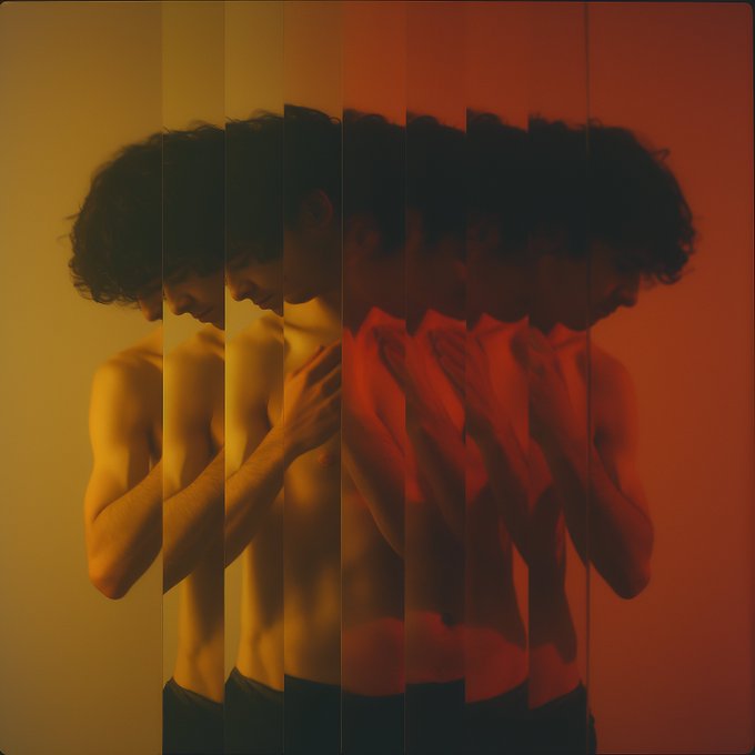The image shows a man with black hair wearing only his shirt, posing for a mirror that displays multiple reflections of him. The man's reflection can be seen at different angles, creating an interesting visual effect. The background appears to be a red wall or orange surface, which contrasts with the man and adds depth to the scene. The image is related to the post "Good morning ‘Mirrors’ is still available @exchgART From spectrum of being series 1Sol reserve Link in", as it features multiple reflections of the same person, creating a sense of continuity or repetition.